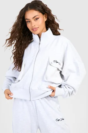 Boohoo Womens Dsgn Studio Embroidered Cargo Pocket Bomber Sweatshirt - Cotton - Size Medium