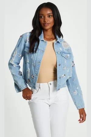 Quiz Womens Blue Destressed Embellished Denim Jacket - - Size 6 UK