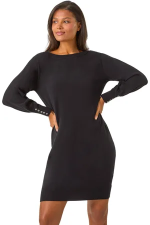 Roman Womens Button Detail Slash Neck Knitted Stretch Dress - - Size 16 UK