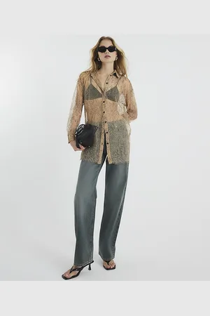 River Island Womens Shirt Long Sleeved Sheer Lace - Size 14 UK