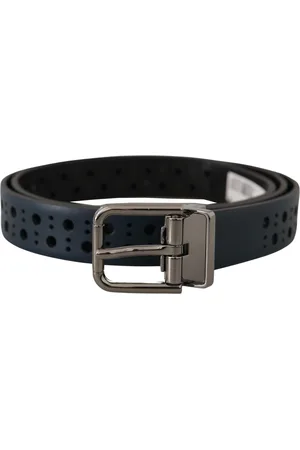 Dolce & Gabbana Mens Navy Perforated Leather Skinny Metal Buckle Belt - Size 90 cm