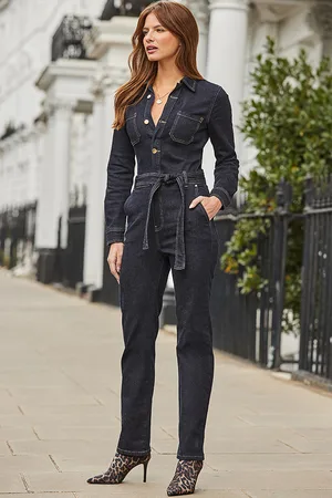 Sosandar Womens Dark Indigo Relaxed Fit Denim Jumpsuit - - Size 18 Long