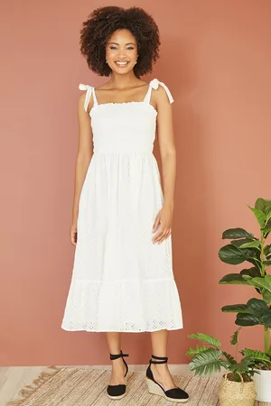 Mela Womens Broderie Anglaise Ruched Midi Sundress With Tie Sleeves Cotton - Size 16 UK