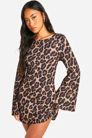 Boohoo Womens Leopard Low Back Flare Sleeve Dress - - Size 8 UK