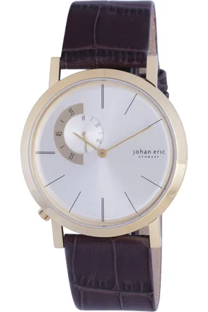 Johan Eric : Randers, Mens, Silver sunray dial Watch, Gold IP coated stainless steel case & clasp, genuine leather w crocodile pattern - One Size