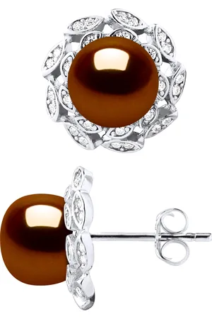 Diadema Womens Stud Earrings FLOWER Beads Freshwater 8-9mm Chocolate Buttons Jewelry 925 - Silver - One Size