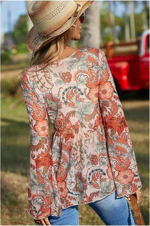Azura Exchange Womens Floral Print Deep V Neck Knot Bell Sleeve Blouse - Size Medium