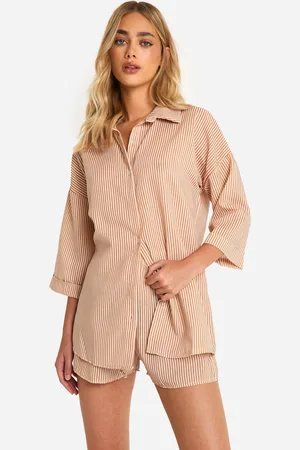 Boohoo Womens Linen Look Stripe Oversized Shirt & Shorts Set - - Size 6 UK
