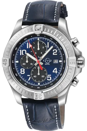GV2 by Gevril Mens T38 SS Case, Enamel Dial with White print, 3 Black sub Black/White stitching Handmade Italian Leather Strap. - One Size