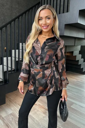 Ax Paris Womens Multi Abstract Print Collared Gathered Waist Top - - Size 8 UK