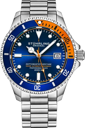 Stuhrling Mens Blue and Orange Swiss Automatic Depthmaster Heritage 42mm Diver - - One Size
