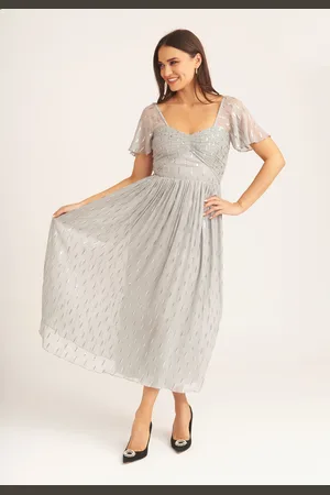 Gini London Womens Jacquard Metallic Angel Sleeves Midi Dress - - Size 10 UK