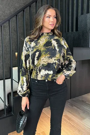 Ax Paris Womens Smudge Print Long Sleeve Ruffle Neck Top - Size 8 UK