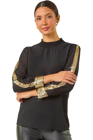 Roman Womens Sequin Stripe High Neck Sleeve Top - - Size 18 UK
