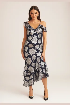 Gini London Womens Floral Clipped Tiered Ruffle Midi Dress - - Size 16 UK