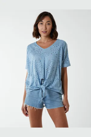 Blue Vanilla Womens Broderie Batwing Knot Front Top Cotton - Size Small