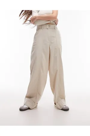 Topshop Womens high waist belted wide leg trouser with turn back hem in ecru- - Size 6 UK