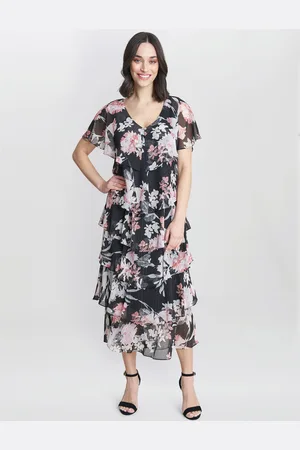 Gina Bacconi Womens Janice V Neck Printed Midi Length Tiered Dress - - Size 18 UK