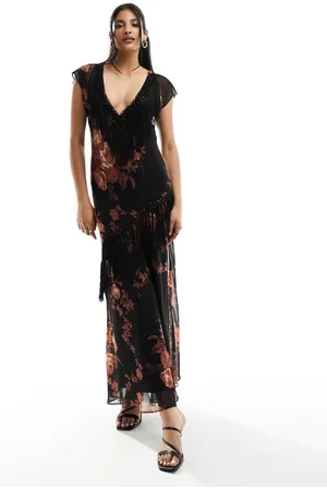 ASOS Womens v neck sleeveless midi dress with fringe trim in floral print-Multi - - Size 6 UK
