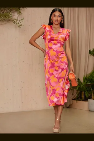 Chi Chi London Womens V Neck Ruffle Detail Abstract Print Midi Dress in - Size 10 UK