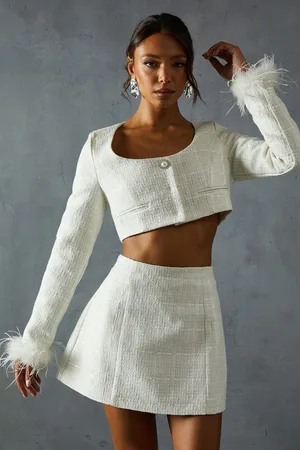 MissPap Womens Boucle Feather Trim Cropped Jacket - - Size 8 UK