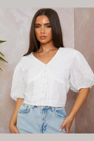 Chi Chi London Womens V Neck Puff Sleeve Broderie Top in - Size 10 UK