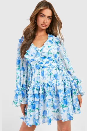 Boohoo Womens Printed Gathered Waist Ruffle Detail Skater Dress - - Size 10 UK