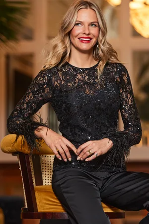 Sosandar Womens Lace & Embellished Feather Trim Top - Size 10 UK