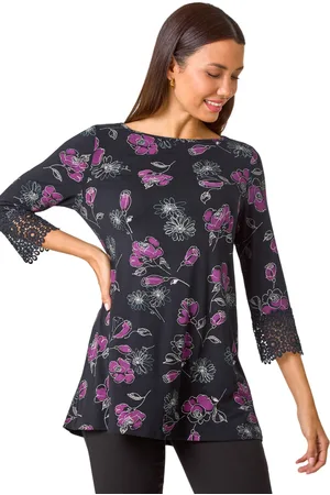 Roman Womens Floral Print Lace Detail Stretch Top - - Size 12 UK