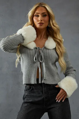 MissPap Womens Knitted Rib Fur Trim Tie Detail Front Jumper - - Size X-Small/Small