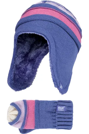 Heat Holders Kids Girls Winter Warm Fleece Lined Cable Knitted Thermal Beanie Hat and Mittens with Ear Flaps - LS1P10 - - Size 4-6Y