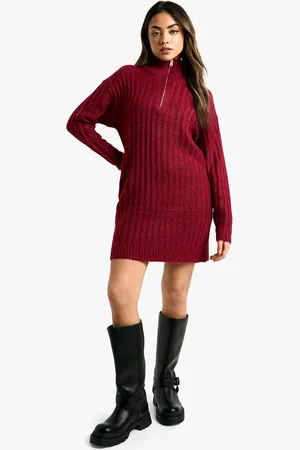 Boohoo Womens Soft Knit Thick Rib Zip Neck Oversize Mini Dress - - Size Medium