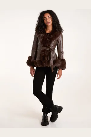 Blue Vanilla Womens Faux Fur PU Coat With Belt - - Size 14 UK