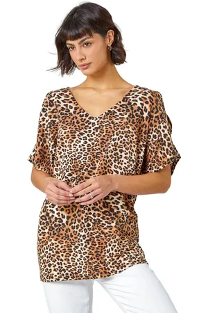 Roman Womens Animal Print Cold Shoulder Stretch Top - Viscose - Size 10 UK