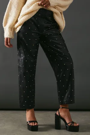 warehouse Womens Real Leather All Over Stud Barrel Leg Trouser - - Size 10 UK
