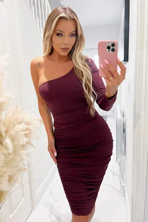 Ax Paris Womens Plum One Sleeve Ruched Bodycon Midi Dress - - Size 16 UK