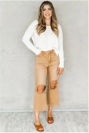 Azura Exchange Womens Distressed Hollow-out High Waist Cropped Flare Jeans - Size 14 UK