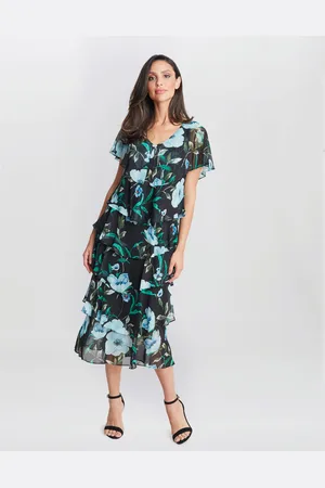 Gina Bacconi Womens Frances Printed Midi Tiered Dress With Trim - - Size 18 UK
