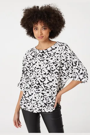 Izabel London Womens Black And White Printed Gathered Sleeve Blouse - Size 8 UK