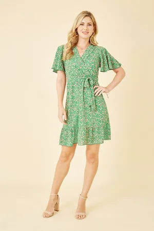 Mela Womens Ditsy Print Wrap Front Skater Dress - Size 12 UK
