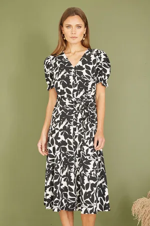 Mela Womens And White Leaf Print Midi Tea Dress - Size 12 UK