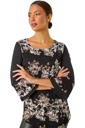 Roman Womens Floral Print Lace Asymmetric Hem Top - - Size 12 UK