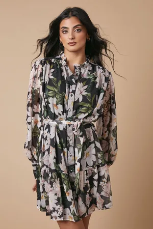 Oasis Womens Floral Chiffon Contrast Detail Belted Mini Dress - - Size 8 UK