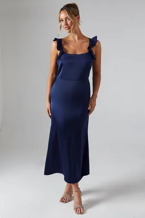 Oasis Womens Ruffle Square Neck Satin Bridesmaids Midi Dress - - Size 6 UK