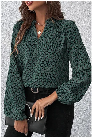 Azura Exchange Womens Geometric Print Notched Neck Puff Sleeve Blouse - Size X-Large