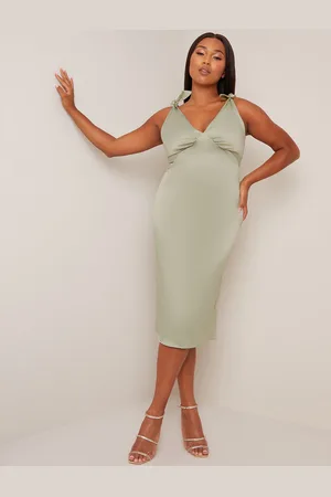Chi Chi London Womens V Neck Tie Shoulder Midi Dress in Sage - - Size 12 UK