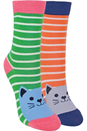Miss Sparrow 2 Pack Girls Bamboo Animal Patterned Socks - Kitty Cats - Cotton - Size 4-6Y