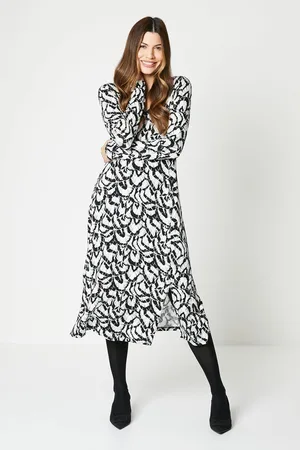 wallis Womens Mono Print Long Sleeve Midi Dress - viscose - Size 8 UK