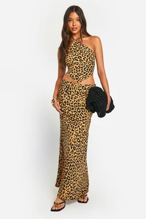 Boohoo Womens Leopard Print Halter Crop & Flared Maxi Skirt - - Size 10 UK