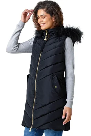 Roman Womens Quilted Faux Fur Hood Longline Gilet - - Size 10 UK